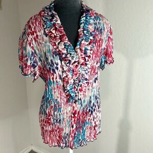 Jaipur- Y2K - blouse button up bright pink purple blue- ruffle front XL